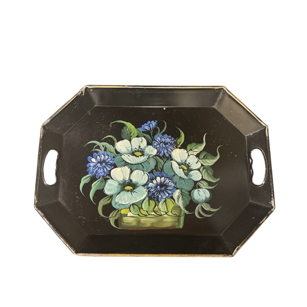 Vintage Signed Black Metal Serving Tray Handles Painted Floral Basket 18" Toile